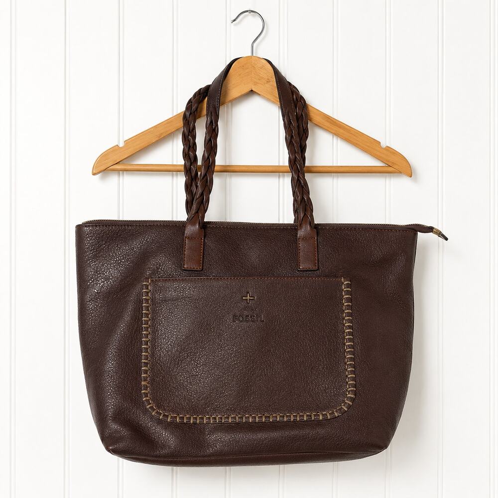 Weimersaige Brown Shoulder Tote Bag Braided Handles Whipstitch Zip Large